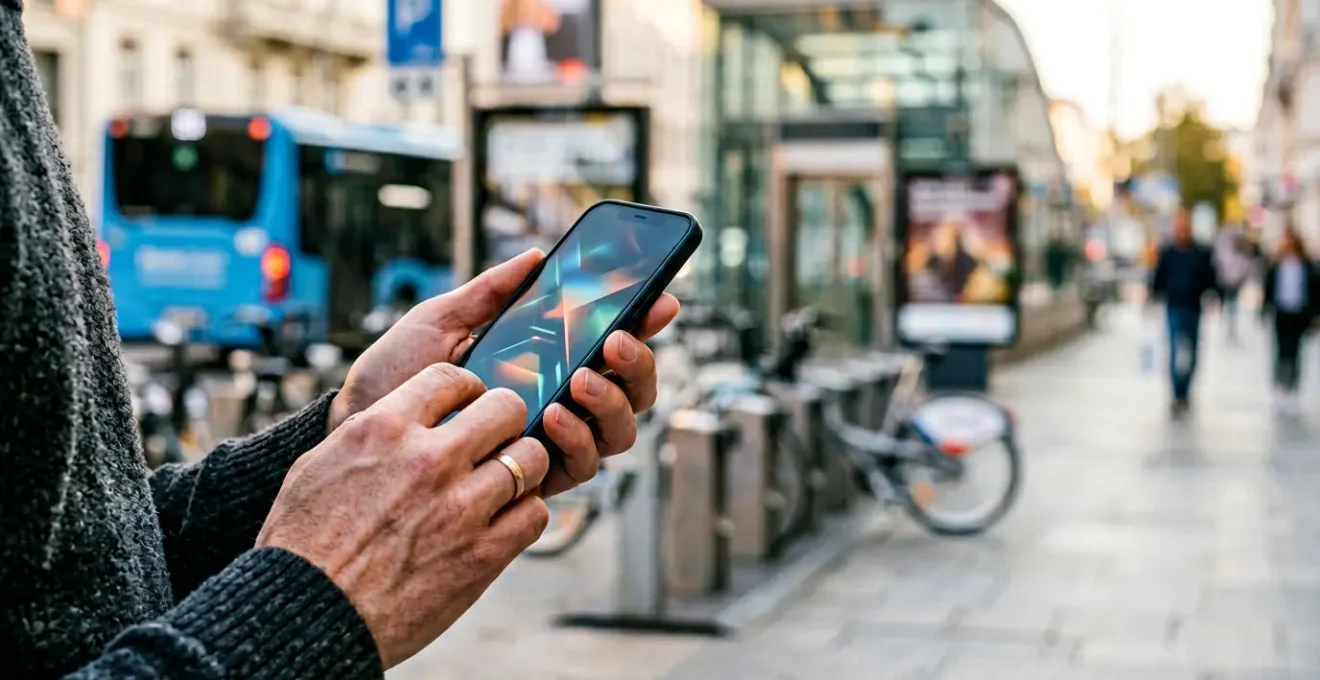 Viaggiatore urbano che pianifica il percorso su smartphone con mezzi di trasporto pubblico in città