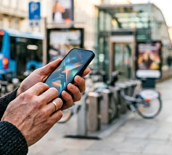 Viaggiatore urbano che pianifica il percorso su smartphone con mezzi di trasporto pubblico in città