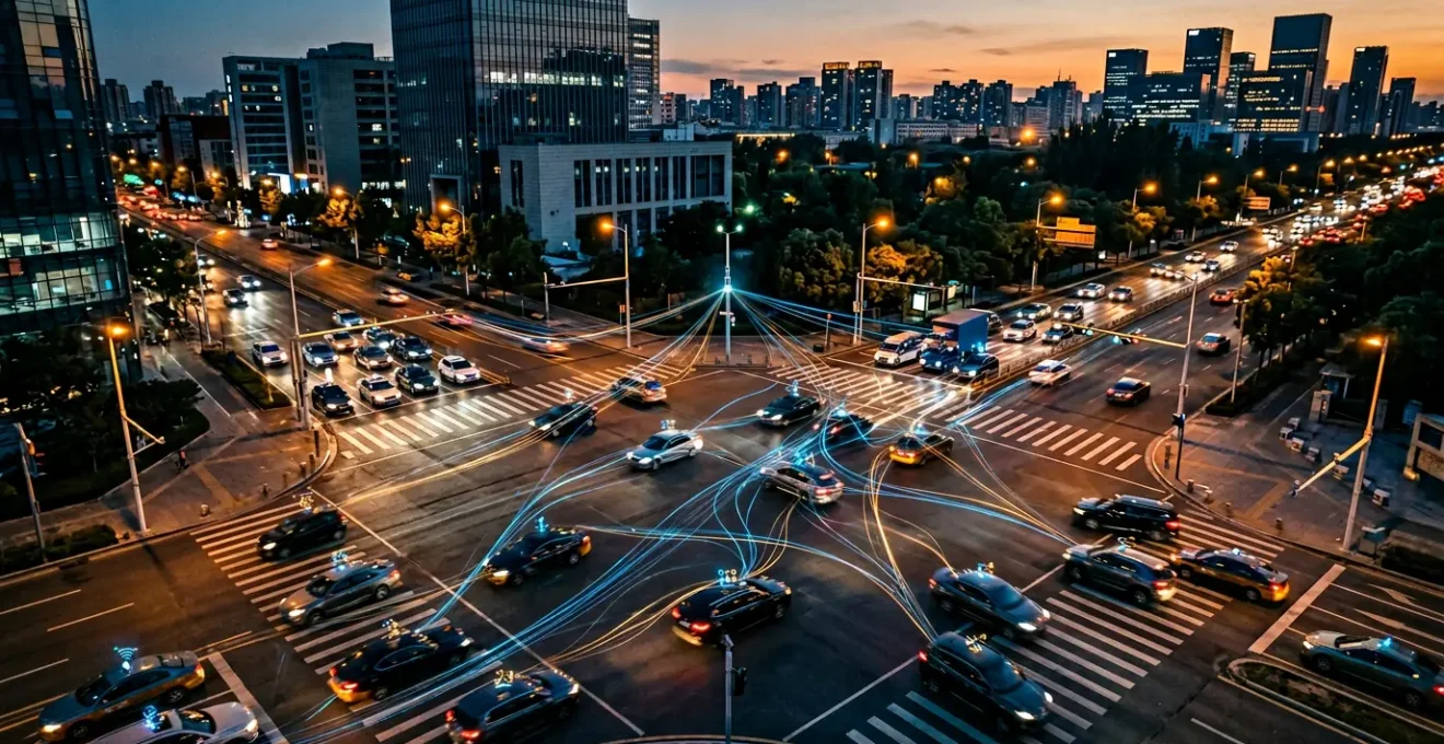 Rappresentazione visiva della comunicazione V2V tra veicoli connessi sulla strada moderna