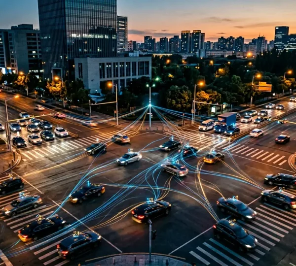 Rappresentazione visiva della comunicazione V2V tra veicoli connessi sulla strada moderna