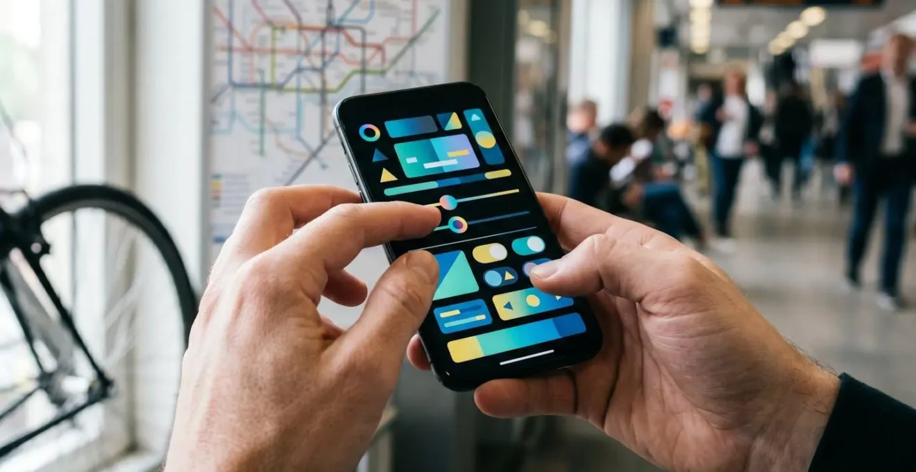 Mani che interagiscono con interfaccia mobile per impostare preferenze di viaggio sostenibile