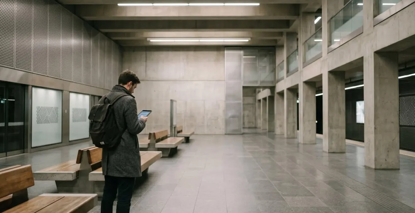Viaggiatore in ambiente metropolitano che verifica informazioni di viaggio su dispositivo mobile
