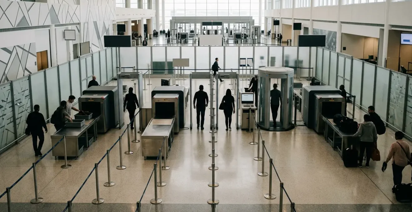 Processo di controllo sicurezza in aeroporto moderno con passeggeri e tecnologie avanzate