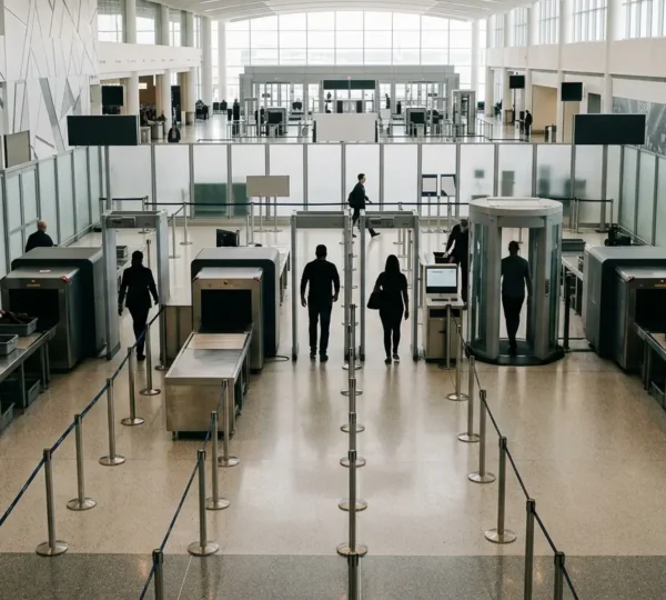 Processo di controllo sicurezza in aeroporto moderno con passeggeri e tecnologie avanzate
