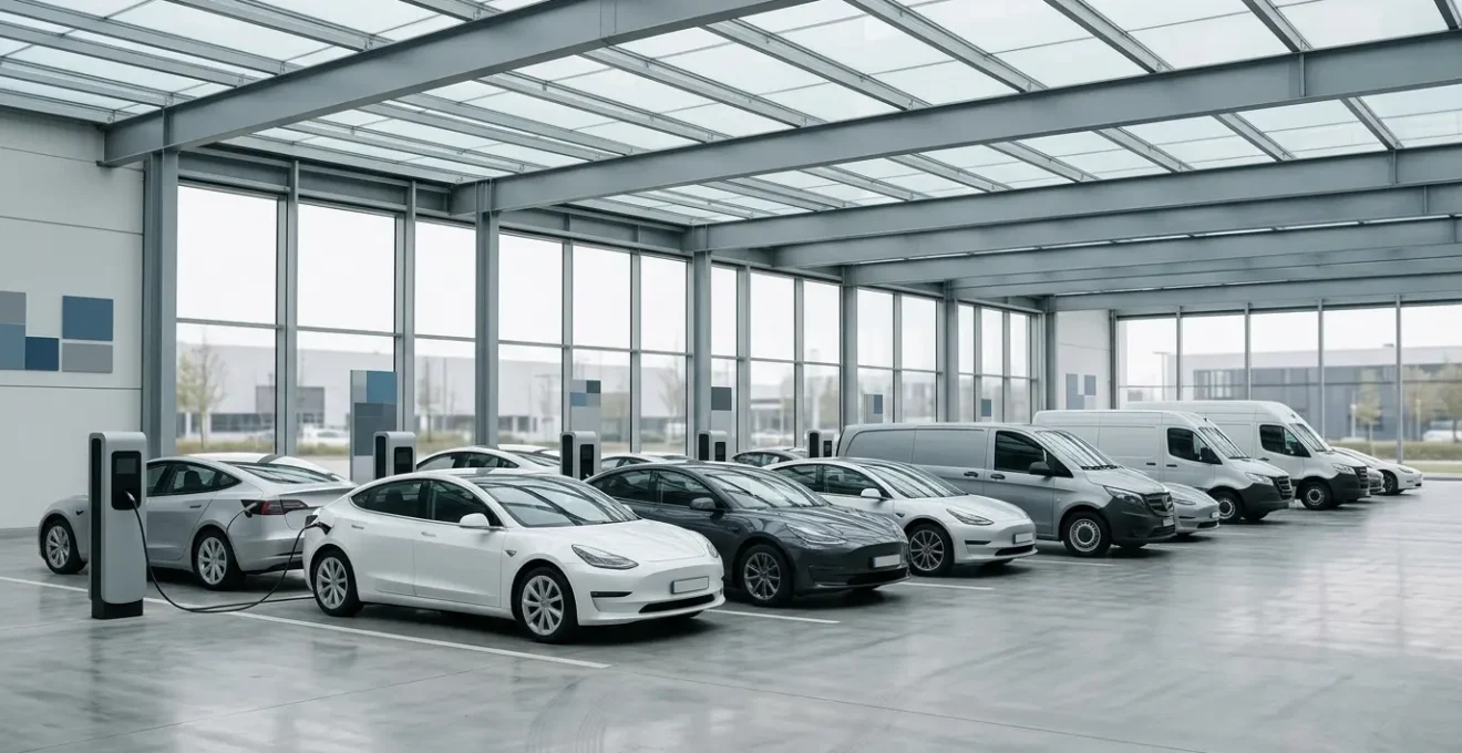 Moderna flotta aziendale di veicoli elettrici durante la ricarica in un contesto aziendale sostenibile
