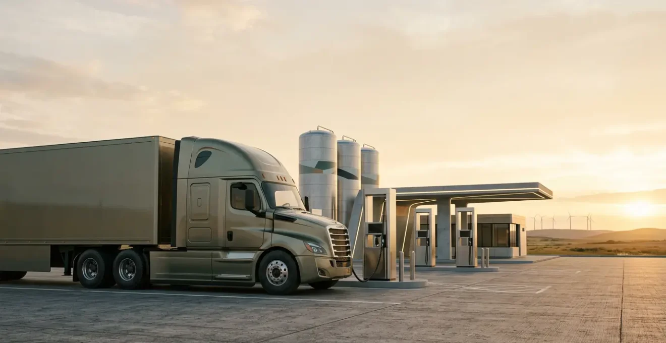 Camion pesante a idrogeno in rifornimento presso stazione con infrastruttura sostenibile, trasporto merci decarbonizzato