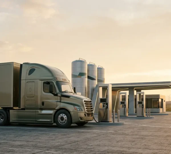 Camion pesante a idrogeno in rifornimento presso stazione con infrastruttura sostenibile, trasporto merci decarbonizzato