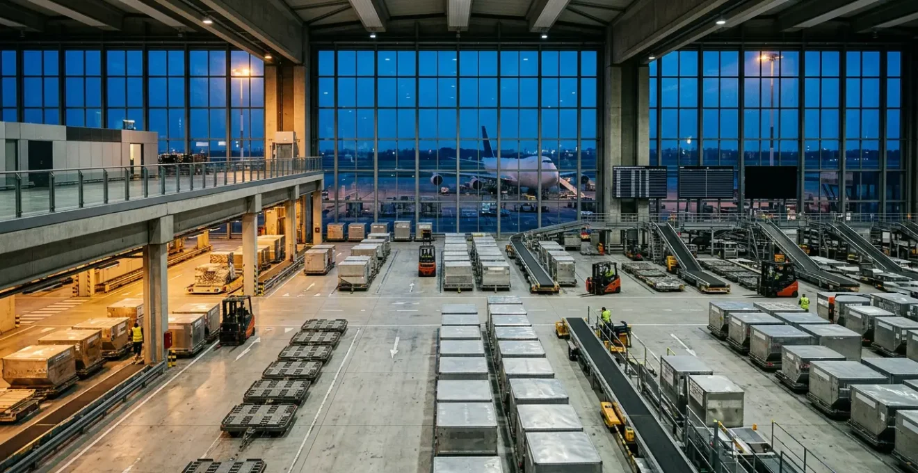 Gestione professionale di spedizioni cargo aeree in aeroporto italiano con operazioni logistiche