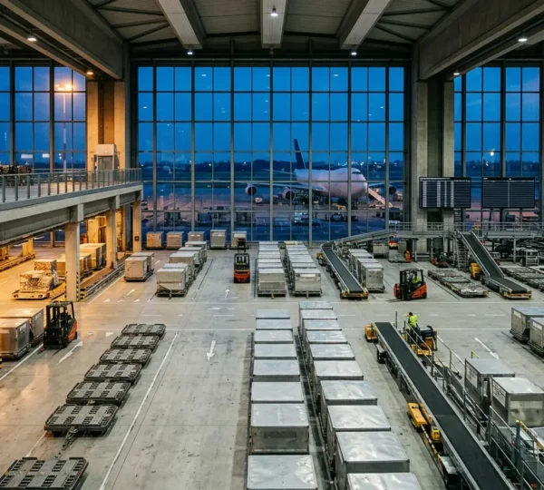 Gestione professionale di spedizioni cargo aeree in aeroporto italiano con operazioni logistiche