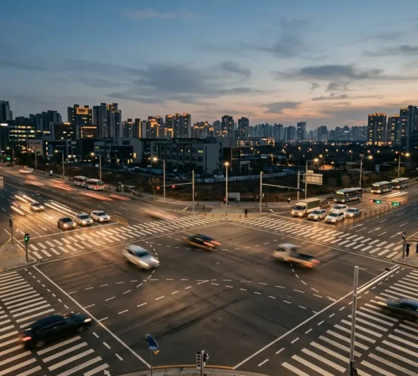 Sistema di gestione del traffico intelligente in una città moderna con semafori connessi e sensori IoT