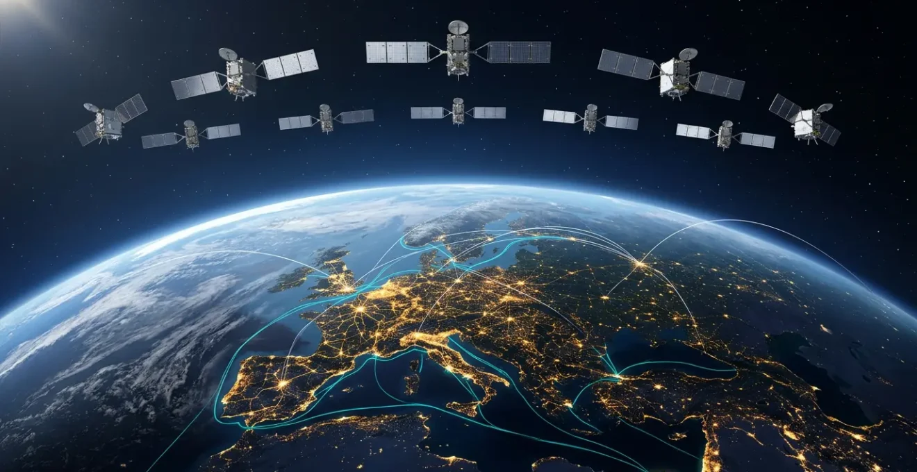 Sistema di navigazione satellitare Galileo con satelliti in orbita e reti di trasporto terrestri, aeree e marittime