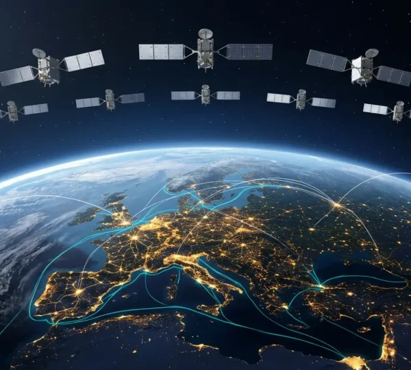 Sistema di navigazione satellitare Galileo con satelliti in orbita e reti di trasporto terrestri, aeree e marittime