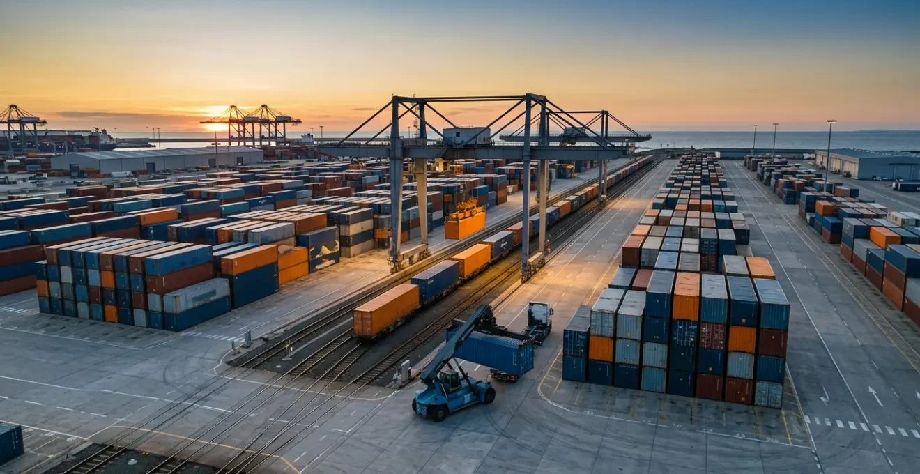 Sistema logistico globale con container standardizzati in movimento attraverso hub interconnessi