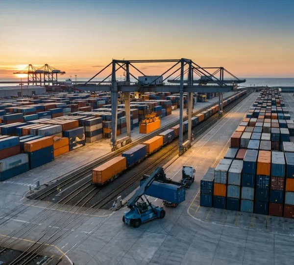 Sistema logistico globale con container standardizzati in movimento attraverso hub interconnessi