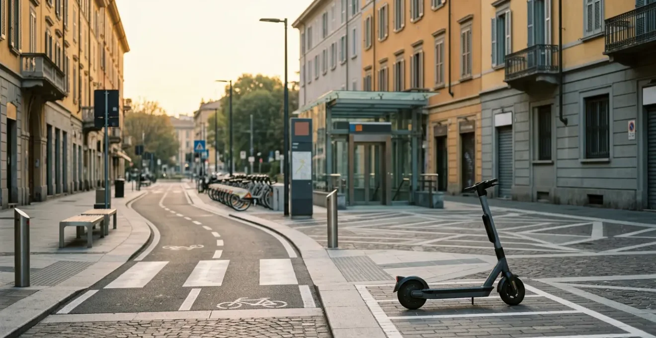 Scena di micromobilità urbana con monopattino elettrico e trasporto pubblico integrato