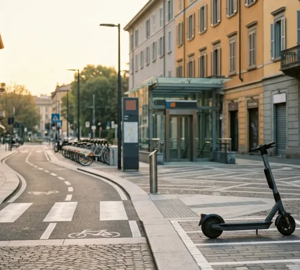 Scena di micromobilità urbana con monopattino elettrico e trasporto pubblico integrato