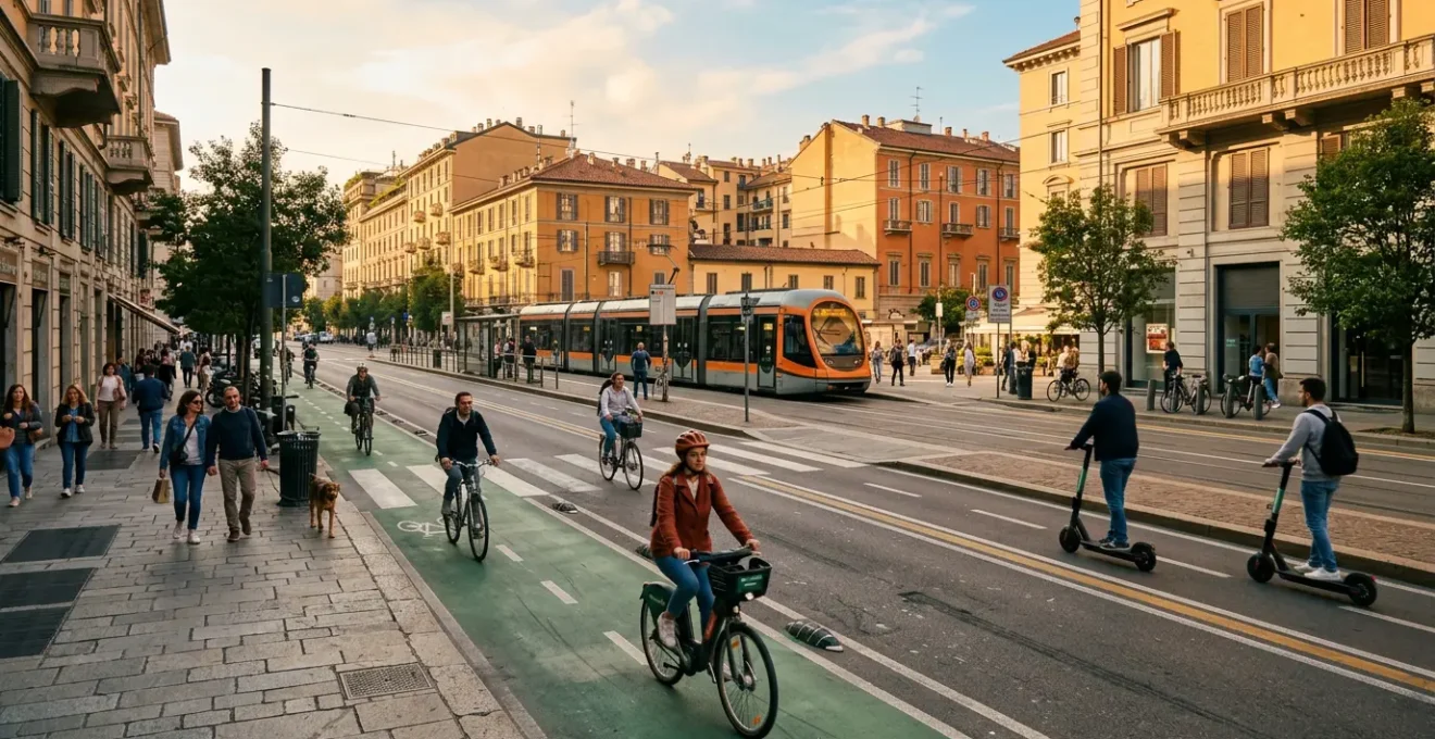 Scena urbana che rappresenta la mobilità intelligente e sostenibile nelle città italiane