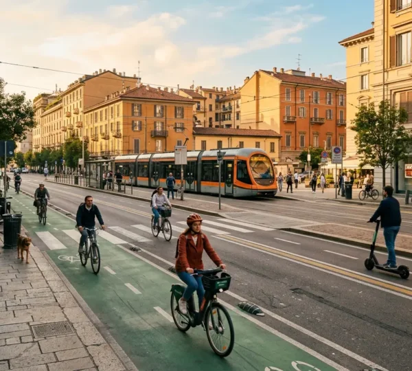 Scena urbana che rappresenta la mobilità intelligente e sostenibile nelle città italiane