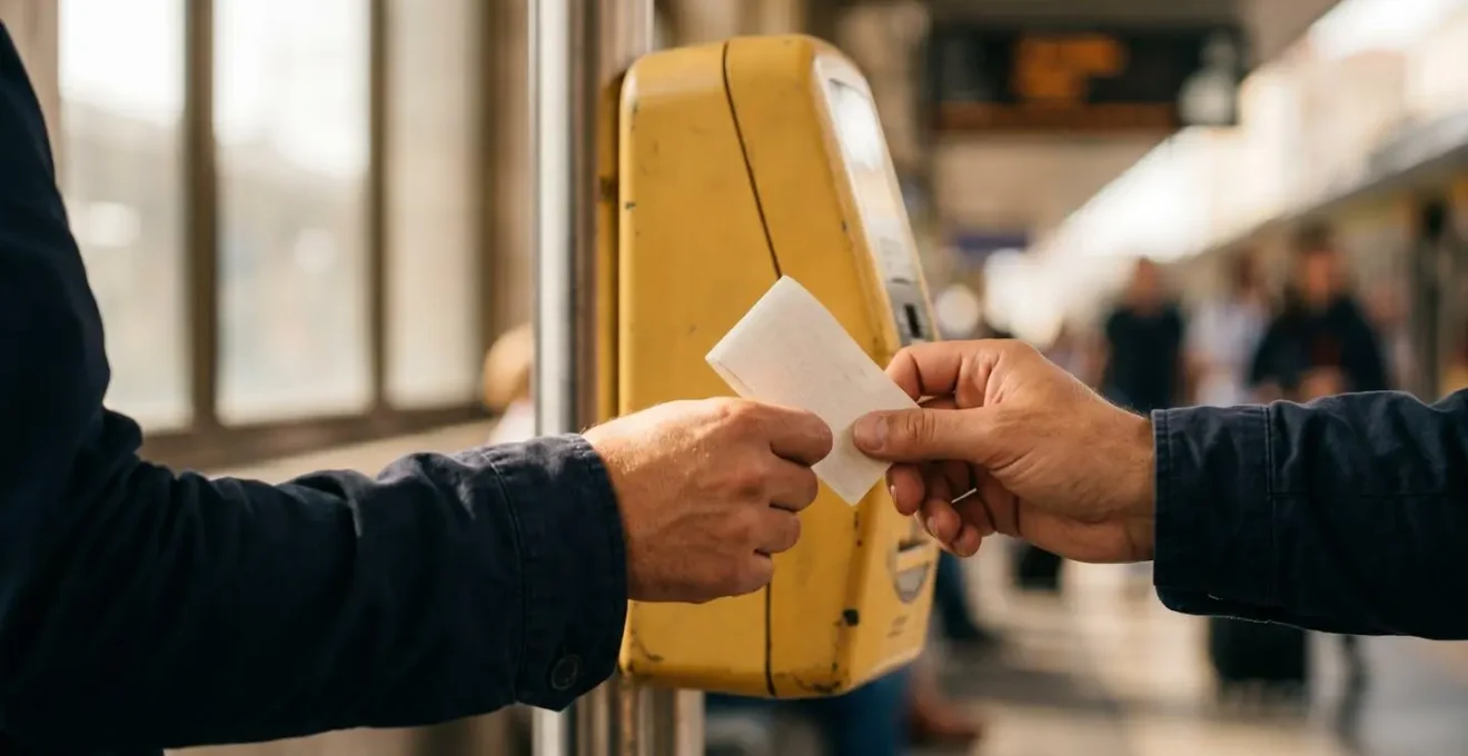 Mano di viaggiatore che tiene un biglietto ferroviario vicino a una validatrice