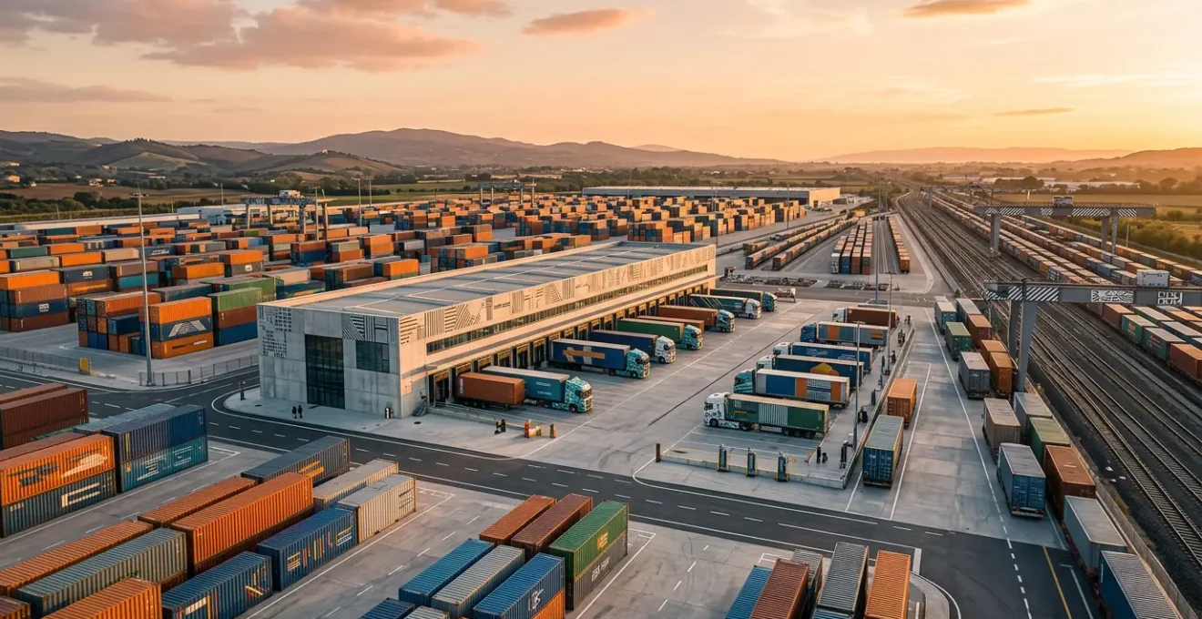 Vista aerea di un hub logistico intermodale italiano con container e mezzi di trasporto