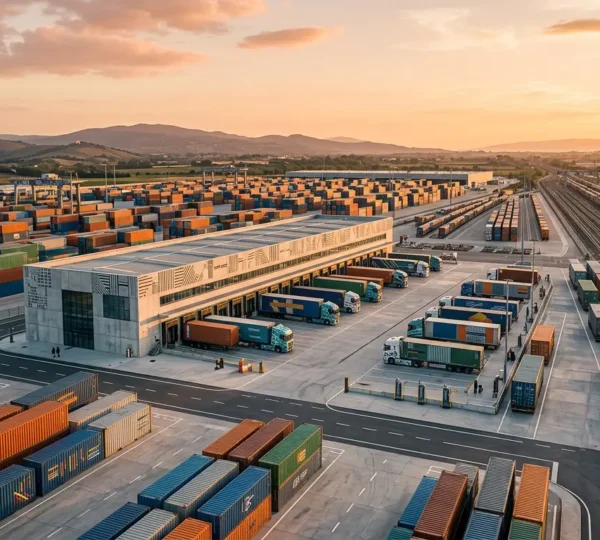 Vista aerea di un hub logistico intermodale italiano con container e mezzi di trasporto