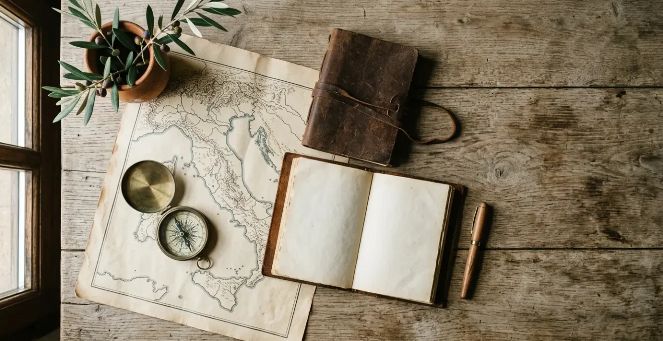 Mappa dell'Italia aperta su un tavolo con bussola e taccuino per pianificare un viaggio senza stress