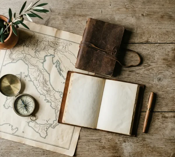 Mappa dell'Italia aperta su un tavolo con bussola e taccuino per pianificare un viaggio senza stress