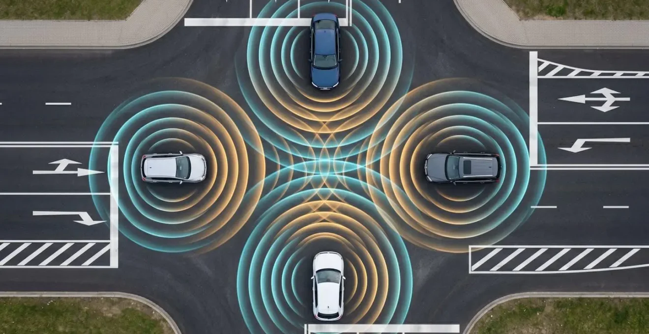 Visualizzazione metaforica dello scambio di dati tra veicoli a un incrocio urbano