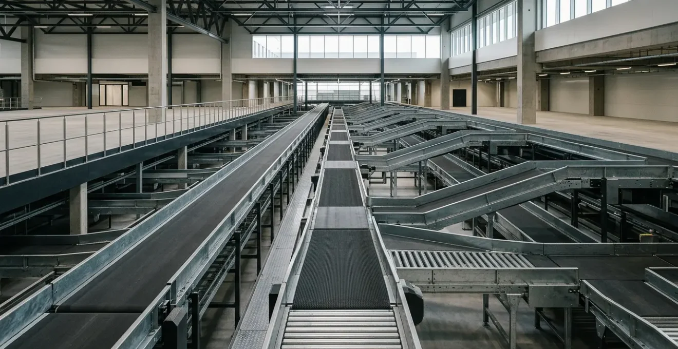 Sistema automatizzato di smistamento bagagli in un grande hub aeroportuale con nastri trasportatori e lettori RFID