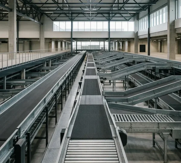Sistema automatizzato di smistamento bagagli in un grande hub aeroportuale con nastri trasportatori e lettori RFID