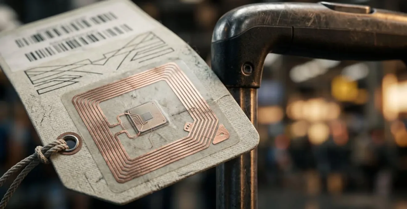 Dettaglio di un tag RFID applicato su un bagaglio durante il processo di smistamento automatizzato