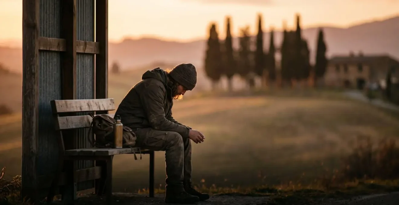 Viaggiatore seduto su una panchina alla fermata dell'autobus al tramonto, espressione pensierosa e stanca dopo una giornata intensa
