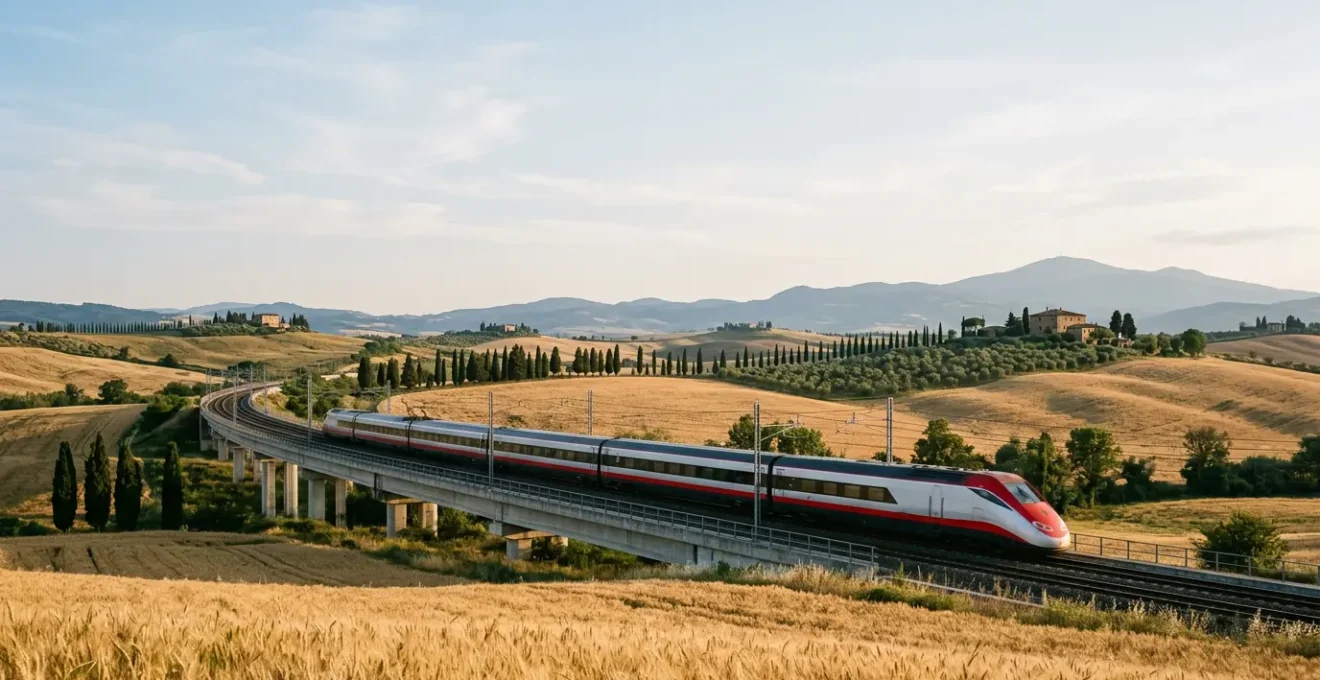 Treno ad alta velocità italiano che attraversa un paesaggio panoramico con montagne sullo sfondo