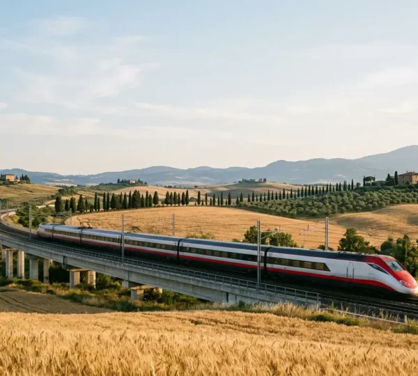 Treno ad alta velocità italiano che attraversa un paesaggio panoramico con montagne sullo sfondo