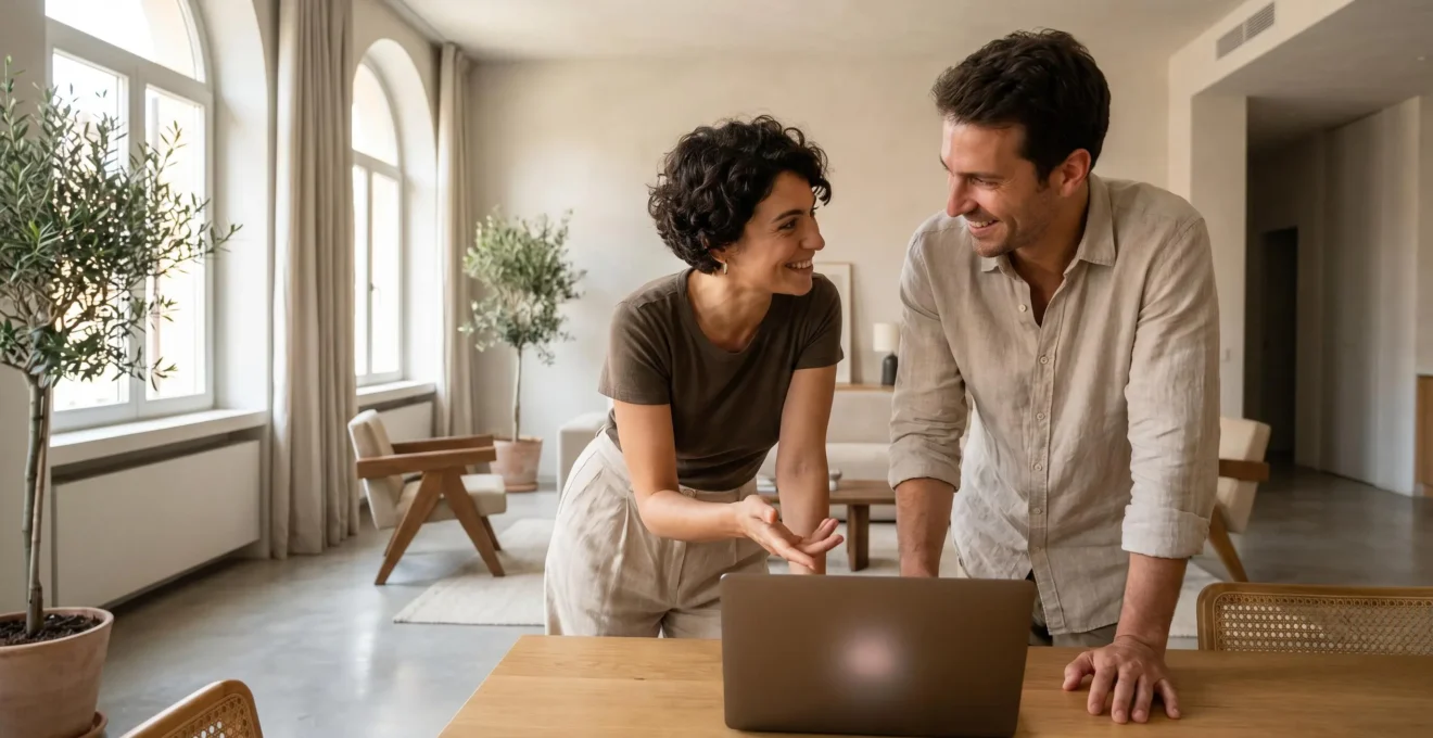 Due persone sedute a un tavolo guardano insieme lo schermo di un laptop in un ambiente interno luminoso e contemporaneo