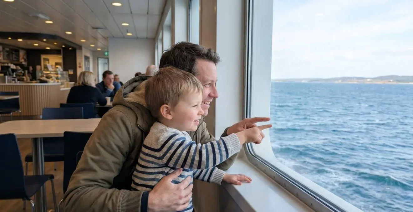Un genitore e un bambino visti di profilo mentre guardano insieme dal finestrino di un traghetto, in un momento autentico di condivisione