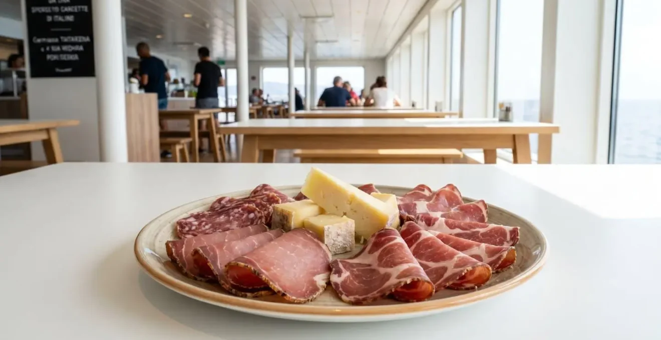 Primo piano di un piatto di salumi e formaggi tipici corsi servito su un tavolo moderno di un ristorante di bordo