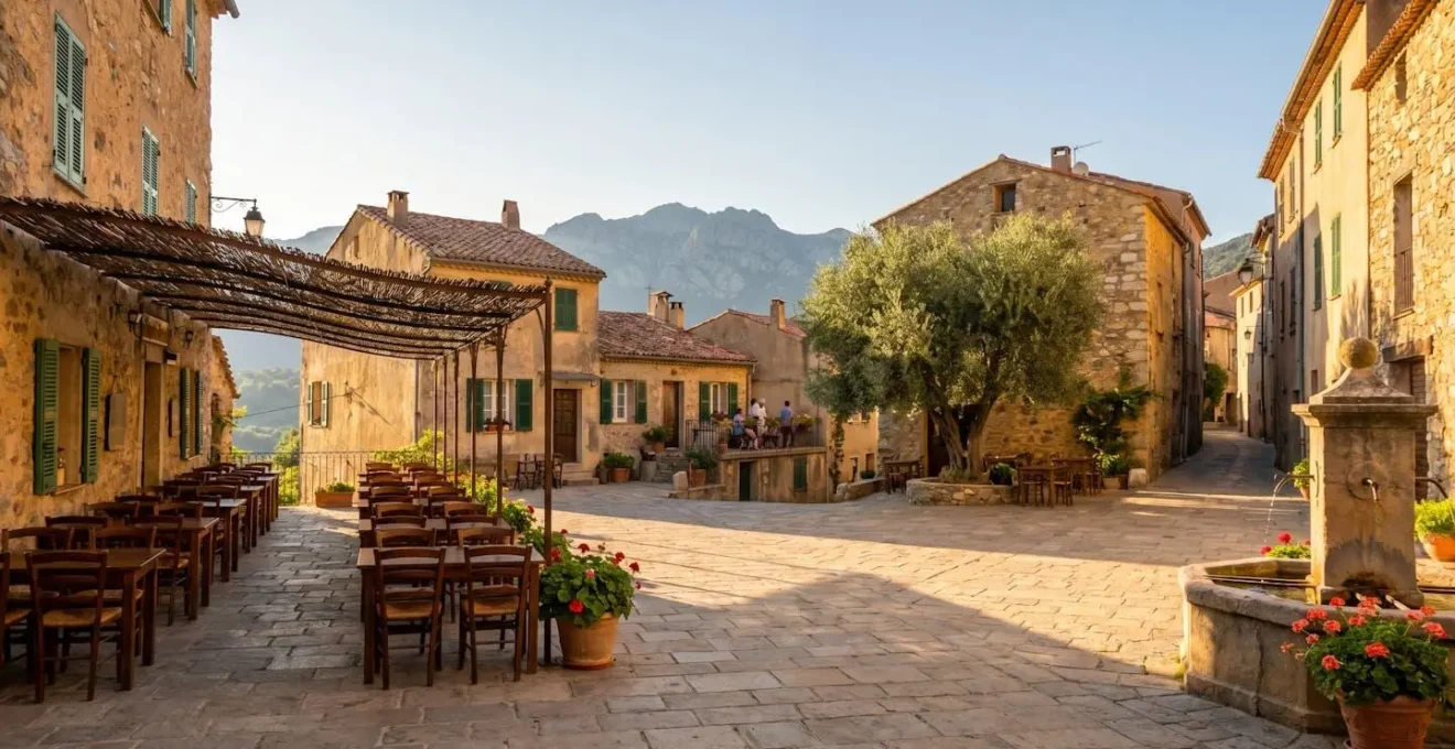 Piccola piazza di villaggio corso con edifici in pietra, terrazza rustica di ristorante con tavoli e sedie in legno vuoti, luce calda del tardo pomeriggio, atmosfera tranquilla