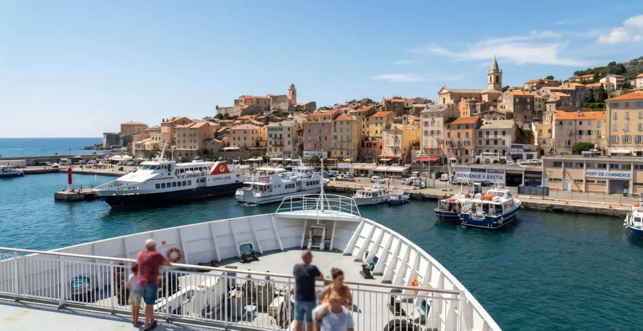 Vista panoramica del porto e della città di Bastia dall'avvicinamento della prua di un traghetto, architettura mediterranea visibile sotto luce naturale
