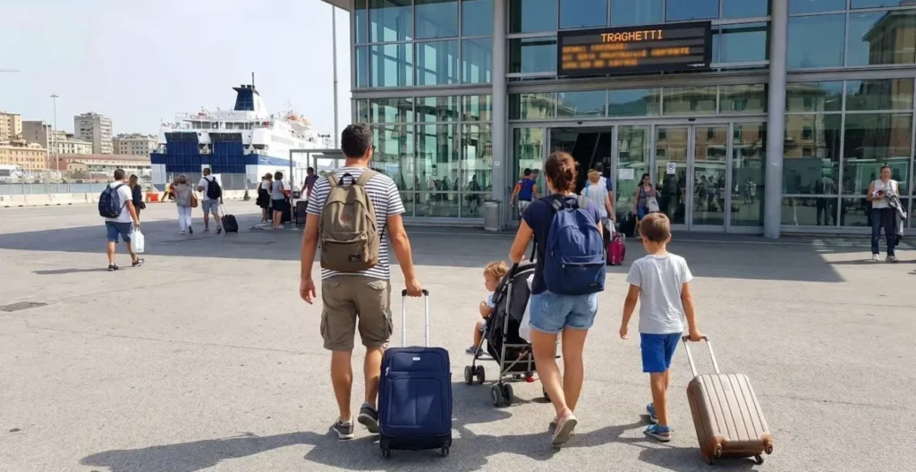 Una famiglia italiana vista di spalle cammina verso il terminal traghetti con valigie e bagagli a mano